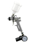Handy Mini Hvlp Gravity Feed Spray Paint Gun With Zero Point Eight Mm Needle Tip And Sixteen Ounce Mixing Cup for detail work.
