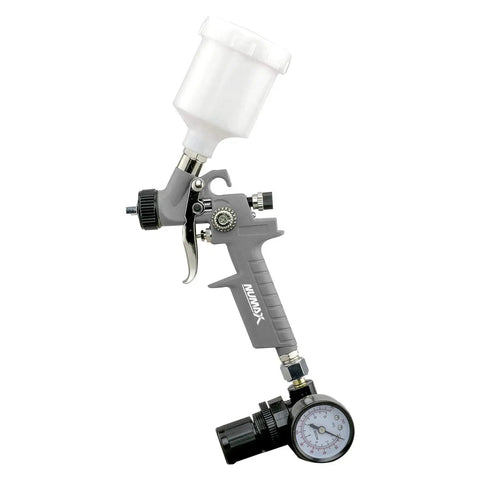 Handy Mini Hvlp Gravity Feed Spray Paint Gun With Zero Point Eight Mm Needle Tip And Sixteen Ounce Mixing Cup for detail work.