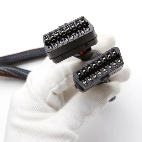 OBD2 Splitter Cable For Ford And GM, Two Port OBDII Extension, 1 Ft Long, 16 Pin Diagnostic Splitter held in hand