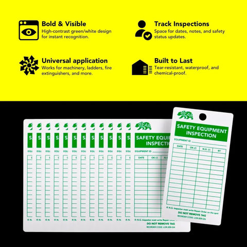 Safety Equipment Inspection Notice for Hazard and Accident Prevention Tags, All In One Lockout Gear Tag Kit, green white pack