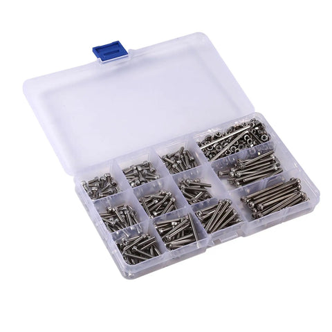 Hardcore 440 Piece 304 Stainless Steel Hex Head Socket Screws And Nuts Assortment Kit M3 Metric Bolts Nuts With 2 Hex Keys For Tough Home Repair Or Weekend DIY Projects Inside Rust Resistant Plastic Storage Case With Lid Organizer Tray. open organizer tray with stainless steel M3 screws and nuts