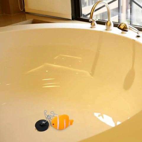 Fish Bathtub Drain Stopper with Chain Rubber for Shower Drains in a bathtub, featuring a black plug and orange fish design.