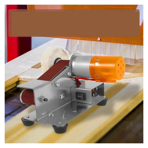 Compact Mini Electric Belt Sander For Desktop DIY Projects on wooden surface showcasing motor and sanding belt.