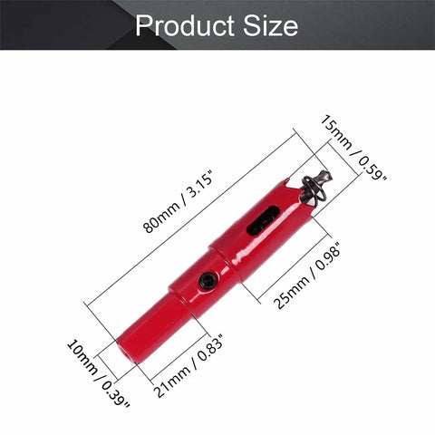 Image showing Bi Metal Hole Saw 15mm Kit with 25mm opening depth and 10mm triangular handle dimensions in red color.