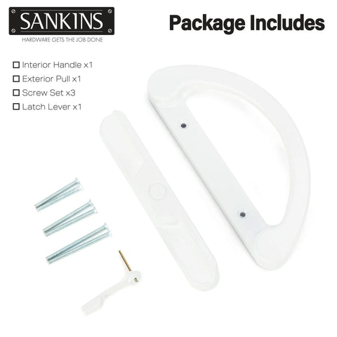 Sturdy White Diecast Sliding Patio Door Handle Pull Set Featuring Smooth Unkeyed Rotation For Mortise Lock Glass Doors Zero Hassle Upgrade Replacement Fits 3 15 16 Inch Hole Spacing And Total Bang For Buck, includes interior handle, exterior pull, screws, and latch lever.