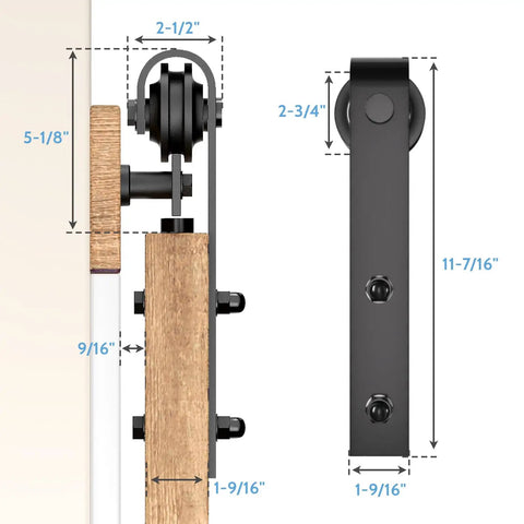 Side view of Six Foot Sliding Barn Door Hardware Kit With 265 Lb Capacity Fits Doors Up To 36 Inches, showing measurements.
