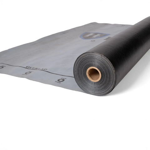 Heavy Hitter Synthetic Roof Underlayment Backed By A Lifetime Warranty For Tough Roof Replacement Jobs Featuring Crisp Pre Printed Nailing Lines For Incredibly Fast Smooth Install On Ten Square Rolls, showing a roll of underlayment.