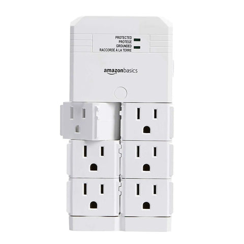 Six-Outlet Surge Protector Wall Mount Power Strip with Rotating Outlets, 1080 Joules, white, front view