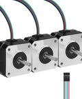 Three NEMA 17 bipolar stepper motors with 5mm shafts and 4-lead cables, front view.