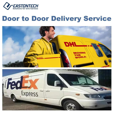 Door to Door Delivery Service featuring DHL van and FedEx delivery vehicle, highlighting delivery options for wire harness.