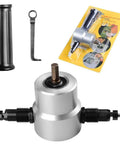 Beefy Multipurpose Double Head Sheet Metal Nibbler And Hole Saw Drill Cutter Attachment, shown with handle and hex wrench