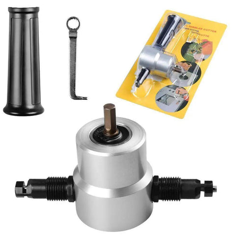 Beefy Multipurpose Double Head Sheet Metal Nibbler And Hole Saw Drill Cutter Attachment, shown with handle and hex wrench