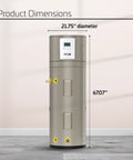 Heavy Duty 50 Gallon Electric Hybrid Heat Pump Water Heater For Residential Basements And Garages, showcasing dimensions 21.75" diameter, 67.07" height.