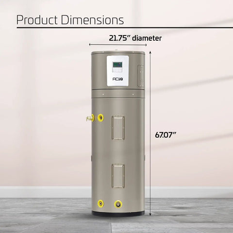 Heavy Duty 50 Gallon Electric Hybrid Heat Pump Water Heater For Residential Basements And Garages, showcasing dimensions 21.75" diameter, 67.07" height.