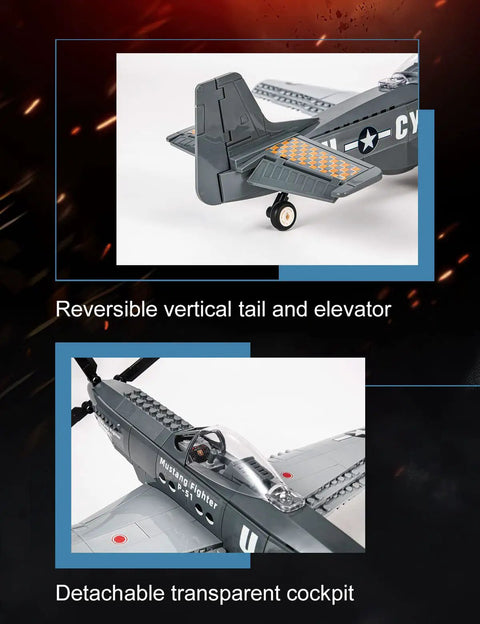 P51 Mustang Fighter Jet Building Block Set With 258 Pieces showing reversible tail and transparent cockpit detail