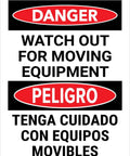 Heads Up Moving Equipment Warning Sign Metal Tin 8x12 Inch Bilingual Safety Notice for factory floor equipment maintenance area.