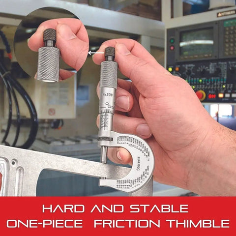 Hand using Outside Micrometer Set With One-Piece Friction Thimble, Satin Chrome Finish, Tapered Frame, 0 To 3 Inch Range, .0001 Inch Graduations