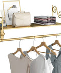 Industrial Wall Mounted Clothes Rack With Shelves And Hanging Rod Garment Display Stand For Home Or Storefront, gold finish