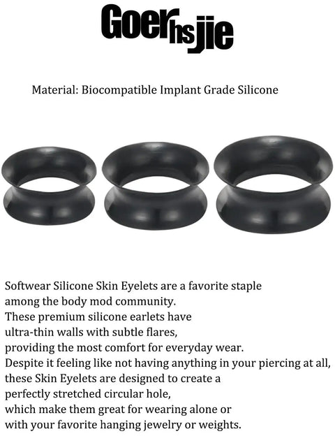 Silicone Ear Gauges And Plugs Kit For Ear Stretching Black Invisible Rings Tunnels displayed in black silicone.