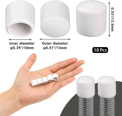 10Pcs White Door Stopper Rubber Tip Replacements 0.39 Inch Diameter Stoppers Stop Caps For Door Wall Protection Durable Rubber Cushions And Quiet Door Closing Fits Most Standard Door Stoppers shown in hand, dimensions visible.