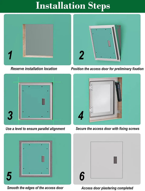 Installation steps for Flawless Flush Mount Aluminum Access Panel Concealed Drywall Inspection Cover 37X37 Inch with tools.