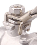 Close-up of stainless steel 304 ball valve with locking lever (1/2in NPT)