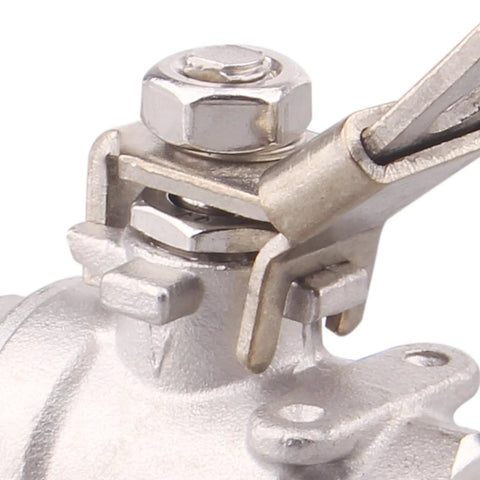 Close-up of stainless steel 304 ball valve with locking lever (1/2in NPT)