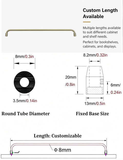 5 Pack 32 Inch Aluminum Gallery Rails With Mounting Brackets, detailed diagram showing dimensions and custom length options.