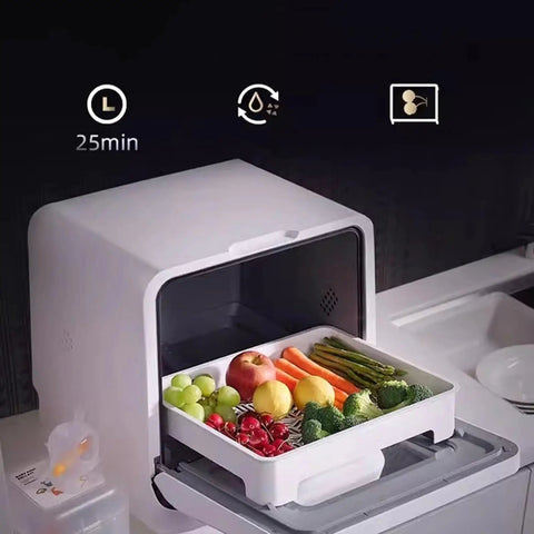 No Sweat Countertop Dishwasher For Heavy Duty Plates And Produce Wash With Front Load Door and Smooth Slide Basket loaded with fruits and vegetables.