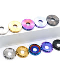 Ti-6Al-4V Titanium UFO Head Screws With Belleville Washers Set, CNC precision machined flat washers in various colors on display