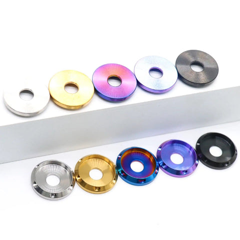 Ti-6Al-4V Titanium UFO Head Screws With Belleville Washers Set, CNC precision machined flat washers in various colors on display