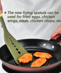 Heavy Duty Silicone Kitchen Utensil Set With Hooks 7 Piece Nonstick Heat Resistant Slotted Spoon Spatula Stirring Fork Spoon Dark Green Durable Kitchen Tools For Cooking And Meal Prep showing green slotted spatula in use
