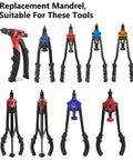 Hella Tough M5 Rivet Nut Tool Tip Replacement Mandrel Heavy Steel Puller shown with compatible standard rivet guns.