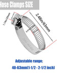 Heavy Duty Stainless Steel Hose Clamps 10 Pack, Adjustable 1-1/2 To 2-1/2 Inch Worm Gear Clamps For Pipe Tubing Dryer Repair And Fuel Lines, 304 Stainless, Corrosion Resistant, Strong And Reliable, showing size and adjustable range