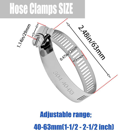 Heavy Duty Stainless Steel Hose Clamps 10 Pack, Adjustable 1-1/2 To 2-1/2 Inch Worm Gear Clamps For Pipe Tubing Dryer Repair And Fuel Lines, 304 Stainless, Corrosion Resistant, Strong And Reliable, showing size and adjustable range