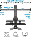 Avlt Electric Standing Desk Converter Fits Triple 32 Inch Monitors with adjustable VESA plate and dual-tier setup.