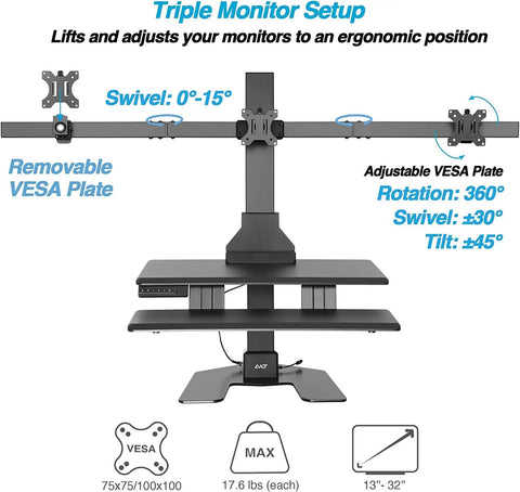 Avlt Electric Standing Desk Converter Fits Triple 32 Inch Monitors with adjustable VESA plate and dual-tier setup.