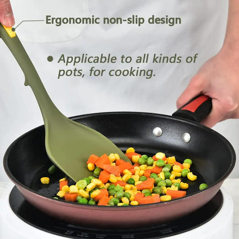 Heavy Duty Silicone Kitchen Utensil Set With Hooks 7 Piece Nonstick Heat Resistant Slotted Spoon Spatula Stirring Fork Spoon Dark Green Durable Kitchen Tools For Cooking And Meal Prep spatula stirring vegetables in a pan.