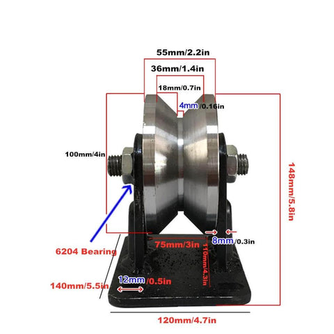 Front view of Heavy Duty V Groove Gate Caster Sliding Track Roller With Bracket Rigid Steel Wheel Built To Last Like A Workhorse For Barn Doors Inverted Track Rolling Gate And Industrial Machines Wire Rope Rail One Piece, showing dimensions