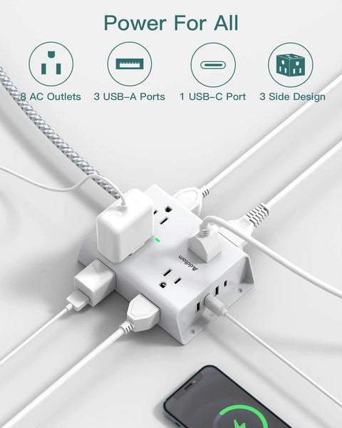 10 Foot Surge Protector Power Strip With 8 AC Outlets And 4 USB Ports Including USB C Three Side Outlet Extender