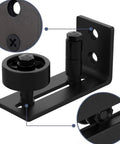 Rugged Barn Door Floor Guide With Fully Adjustable Sliding Track And Wall Mount Stabilizer visual showing black steel roller and adjustable mechanics.