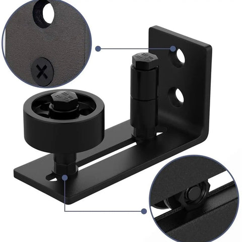 Rugged Barn Door Floor Guide With Fully Adjustable Sliding Track And Wall Mount Stabilizer visual showing black steel roller and adjustable mechanics.