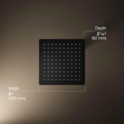 Honesty 8 Inch Square Rain Shower Head Matte Black With 2.5 GPM and Wide Spray Coverage dimensions diagram