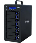 Slick Eight Bay Raid Storage Tower With Hot Swap Disk Slots And Kickass Fast Twelve Gb Sas Sata Hookup Solid Desktop Data Vault With Carrying Handle and Smart LED Panel view.