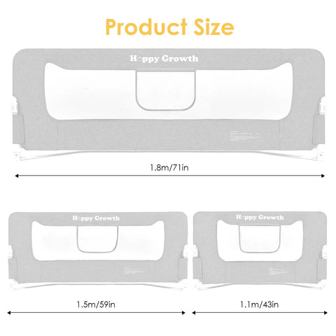 Foldable Bed Rail for Toddlers Swing Down 71 Inch Bed Guard dimensions showing 1.8m, 1.5m, and 1.1m width options
