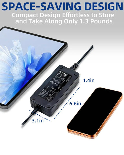 Fast 42V 2A Smart Charger For Bosch E Bike Batteries 36V Lithium Compatible With Performance Line Active Line CX Models Compact Design SGS Certified For Reliable Fast Home Charging shown with dimensions beside a tablet and smartphone