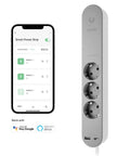 Slick Black Smart Power Strip With WiFi App Control, Heavy Duty Surge Protector, Built In USB Charging Ports, shows app and power strip.