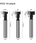 Heavy Duty Three Piece Keyhole Router Bit Set With Rugged Quarter Inch Shank Corrosion Resistant Coating showing dimensions.