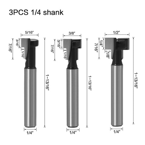 Heavy Duty Three Piece Keyhole Router Bit Set With Rugged Quarter Inch Shank Corrosion Resistant Coating showing dimensions.