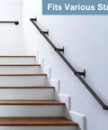 14 Ft Heavy Duty Pipe Stair Handrail Built Like A Tank Black Metal Railing With Powder Coat Finish For Indoor Outdoor Corner Steps Lofts And Balconies No Sweat Install mounted on white stairs.